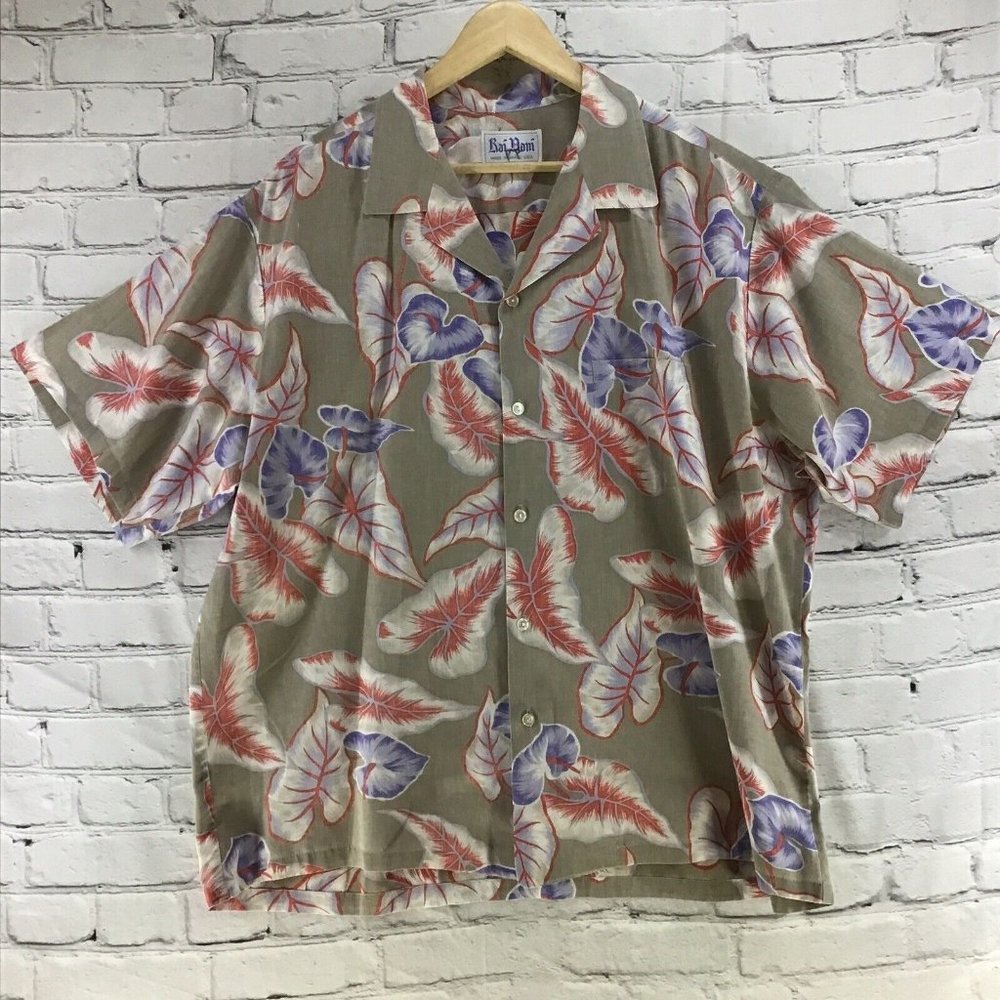 Kai‎ Nani Vintage Hawaiian Shirt Mens Green Leaf Foliage Print
